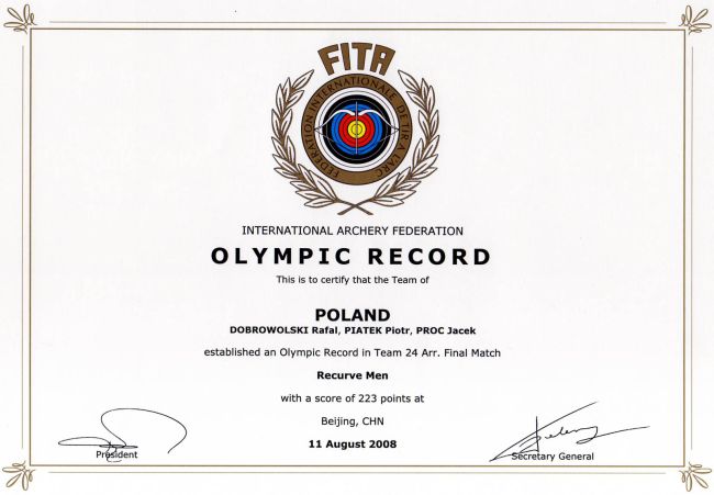 Certyfikat rekordu olimpijskiego Reprezentacji Polski